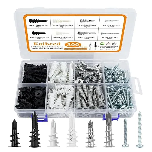 Kaibced 300 Pcs Dry Wall Anchors, Self Drilling Wall Anchors and Screws for Drywall, Sheetrock, Hollow Door, Plaster Wall, Wall Anchors and Screws for