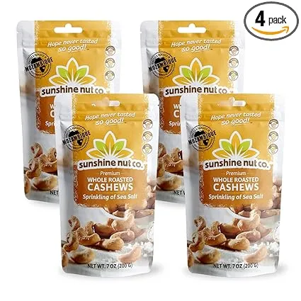 Whole Roasted Lightly Salted Cashews by Sunshine Nuts Co., Gluten Free, Peanut Free and Vegan Individual Snack Packs for Kids and Adults, GMO Free, Sprinkling of Salt Flavor, 4 Pack, 7 oz. Each