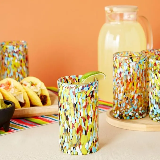 Hand Blown Mexican Glassware, Confetti Rock Glasses (14 oz, 6 Pack)