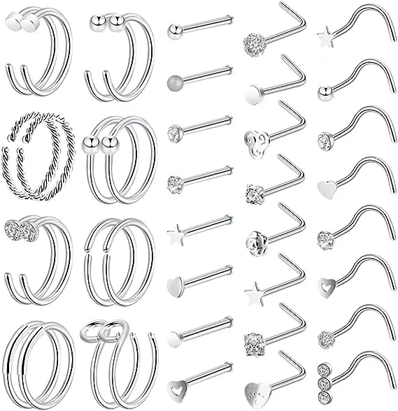 ONESING 40 PCS 20G Nose Rings for Women Nose Piercings Jewelry Nose Rings Hoops 