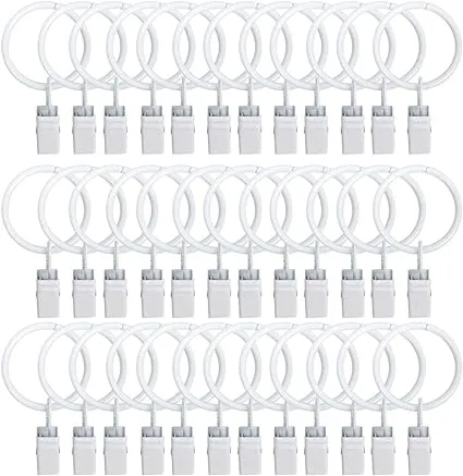 TOOFN 36-Pack 1.26 Inch Drapery Rings with Clips Curtain Rod Clips Electroplate Surface and Premium Iron Metal (White, 36)