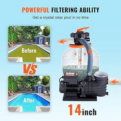 VEVOR Sand Filter Ground 14-inch, 3000 GPH, 3/4 HP Swimming Pumps System & Filters Combo Set with 6-Way Multi-Port Valve & Strainer Basket, for Domestic and Commercial Pools, White