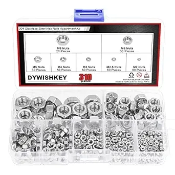 DYWISHKEY 310 Pieces Metric 304 Stainless Steel Hex Nuts Assortment Kit for Screw ...