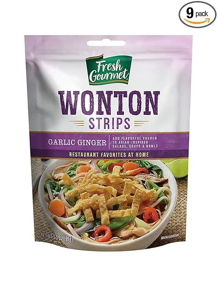 Fresh Gourmet Garlic Ginger Wonton Strips | Low Carb | Crunchy Snack and Salad Topper 3.5 Ounce, (Pack of 9)