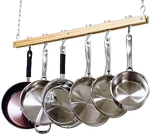 Single Wooden Bar Ceiling Mounted Hanging 4 Hook Pot &amp; Pan Rack Kitchen Storage