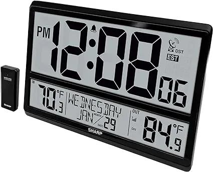 SHARP Atomic Clock - Never Needs Setting! –Easy to Read Numbers - Indoor/Outdoor Temperature, Wireless Outdoor Sensor - Battery Powered - Easy Set-Up!! (4" Numbers)