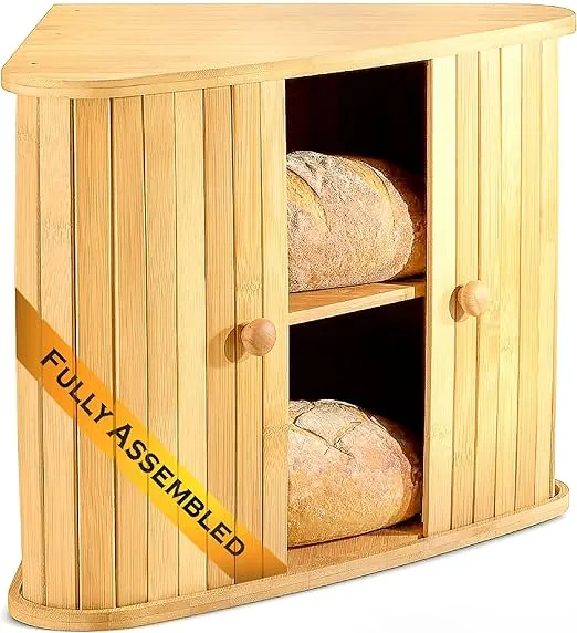 Klee Wooden Bread Box | Bamboo Bread Holder | Corner Bread Keeper Storage Box, Fully Assembled