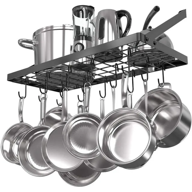 Vdomus Hanging Pot Rack, Wall Mounted Pots and Pans Holder 29.3 by 13 Inch - Kitchen Cookware Organizer for Pots and Pans Storage 15 Hooks, Ideal for Pans, Utensils, Cookware in Square Grid - Black