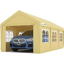 PEAKTOP OUTDOOR 10x20 ft Heavy Duty Carport Car Canopy with Removable Window Sidewalls, Portable Garage Tent Boat Shelter with Reinforced Triangular Beams, Beige