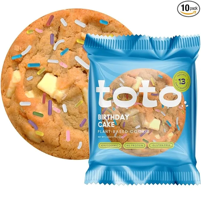 Toto Vegan Cookies, Birthday Cake Cookie, High Fiber Snacks, Gluten Free Cookies, Plant Based Snacks with Superfoods & Adaptogens, 8gr Protein Cookies, Pack of 10 Individually Wrapped Cookies