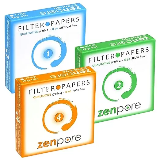 Qualitative Filter Paper 9 cm, Standard Grades 1, 2, 4 - ZENPORE Fast, Medium, Slow Flow 90 mm (Bundle of 3 x 100 Discs)