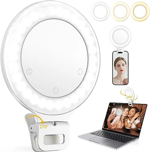 Ring Light, 3 Light Mode Selfie Light Rechargeable Large Capacity Battery Portable 60 LED Adjustable Brightness Clip on Light for Phone, iPad, Laptop, for Makeup, TikTok, Photography, Vlog, YouTube