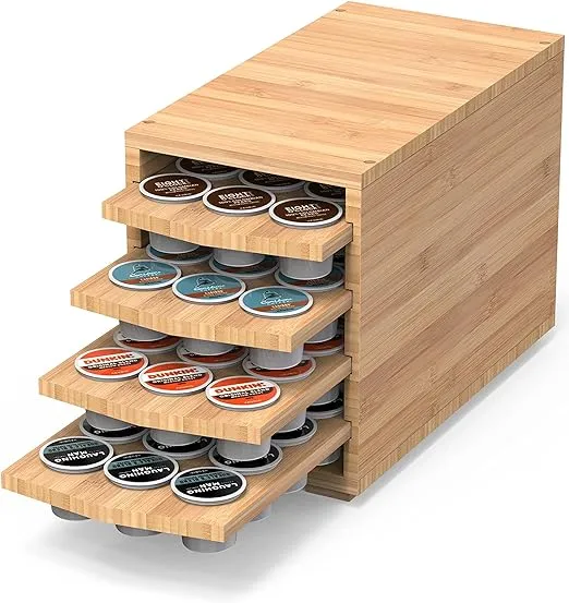 Coffee Pod Drawer (KK472) - Premium Bamboo, Compatible with K-Cups, 72 Pod Pack Capacity Rack, 4-Tier Holder & Storage, Kitchen Counter Organizer - Natural Bamboo