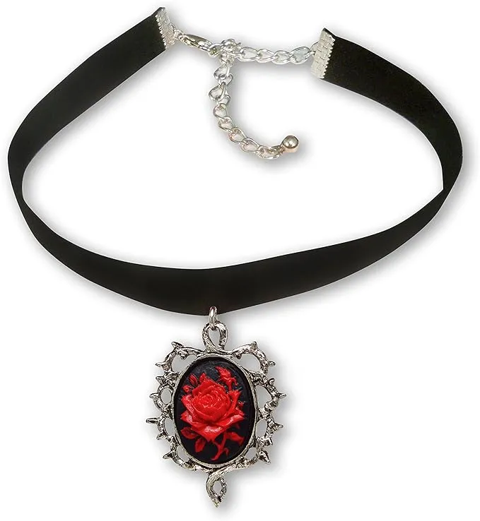 Real Metal Jewelry Gothic Red Rose Cameo Cosplay Jewelry Choker