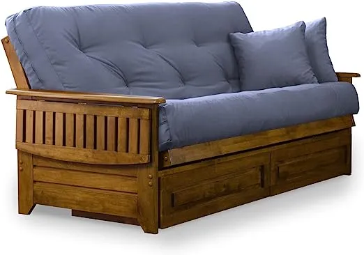 Nirvana Futons Brentwood Tray Arm Full Size Wood Futon Frame and Storage Drawers - Heritage Finish