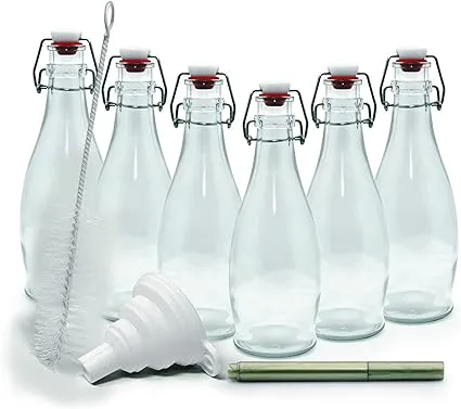 Set of 6 | 8.5 Oz. Glass Bottle Set with Swing Top Stoppers and Includes Bottle