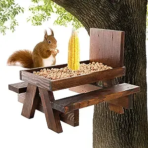 YOUEON Wooden Squirrel Feeder with Corn Holder, Squirrel Picnic Table Feeder with Bench and Plank Squirrel Feeder Table Stable Squirrel Feeders for Outside, Garden, Yard, Holding Nuts, Fruits, Berries