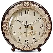 Justup Vintage Table Clock, Retro Non-Ticking European Style Beside Desk Clock Battery Operated Silent Quartz Movement for Bedroom Living Room Indoor Decor (Brown)