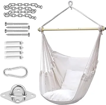 Hammock Chair Swing with Hardwares, Ohuhu XL Portable Hanging Chairs with Cushions Installation Kit Detachable Metal Support Bar Side Pocket for Indoor Outdoor Patio Bedrooms Teen Girls Room Decor