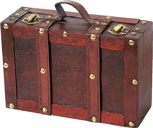 Vintiquewise Old-Fashioned Small Suitcase with Straps, Wood, Antique Cherry