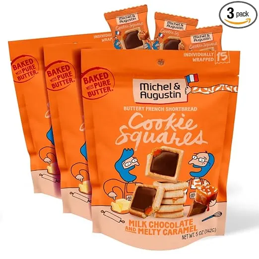 Michel et Augustin Gourmet Chocolate Cookie Squares Milk Chocolate & Caramel Individually Wrapped European Cookies 3-Pack 15 French Shortbread