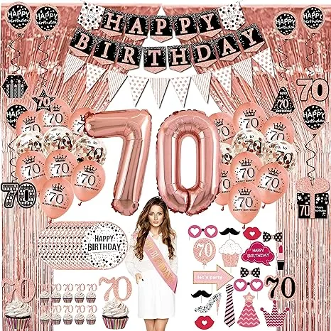 70th Birthday Decorations for Women - (76pack) Rose Gold Party Banner, Pennant ...