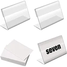 BILLIOTEAM 50pack Mini Clear Sign Display Holder with Blank Labels,3.2*2.2 Inch Horizontal Slanted L-Shape Plastic Name Card Price Card Tag Label Counter Top Stand