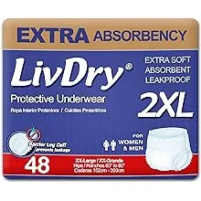 LivDry Adult XXL Incontinence Underwear, Extra Comfort Absorbency, Leak Protection, XX-Large, 48-Pack