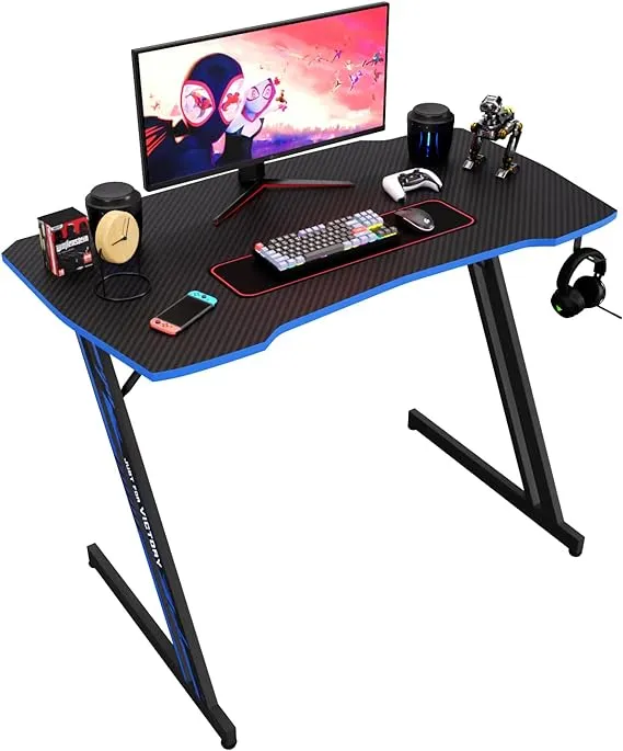 BestOffice 35"/39"/47" Computer Desk Z Shaped Workstation Ergonomic Table with Headphone Hook for Game Players (Blue, 39 in)