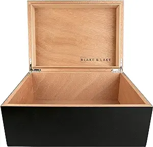 Blake & Lake Large Wooden Box with Hinged Lid - Wood Storage Box with Lid - Black Wooden Storage Box - Decorative Boxes with Lids (Matte Black)