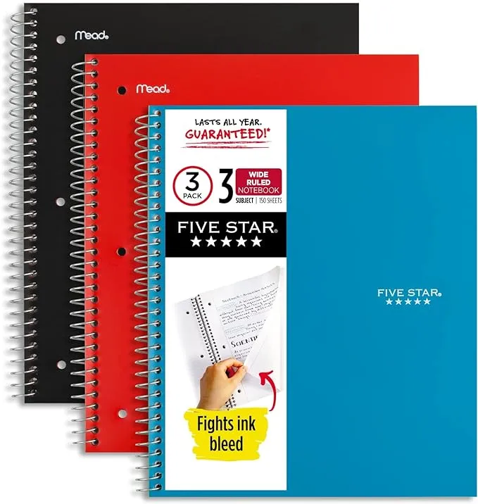 Five Star Wirebound Notebook, 3-Subject, Wide/Legal Rule, Assorted Cover Color, (150) 10.5 x 8.63 Sheets, 3/Pack