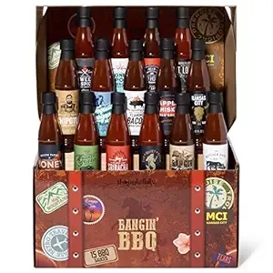 "Thoughtfully Gourmet, Bangin' BBQ Sauce Variety Pack in a Travel Themed Suitcase, Vegan and Vegetarian, Flavors Include Mango, Flaming Bacon, Chipotle, Garlic and More in Glass Bottles, Pack of 15"