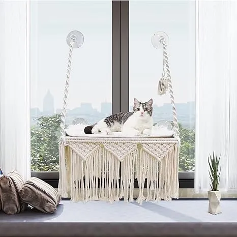 VAESCOL Cat Window Perch Macrame Cat Hammock Boho Wall Mounted Pet Resting Seat Bed for Sunbathing, Napping & Overlooking with 4 Seat Suction Cups & Fleece