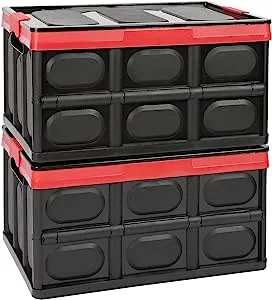 Lidded Storage Bins 2 Pack 30L Collapsible Storage Box Crates Plastic Tote Storage Box Container Stackable Folding Utility Crates for Clothes Books,Snack, Fruits Vegetables Grocery Storage Bin-Black