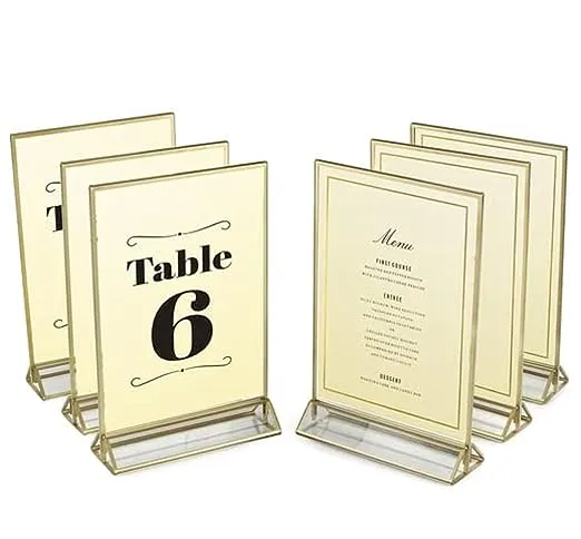 SUPER STAR QUALITY Clear Acrylic 2 Sided Frames with Gold Borders and Vertical Stand (Pack of 6)) | Ideal for Wedding Table Number Holder, Double Sided Sign, Clear Photos, Menu Holders