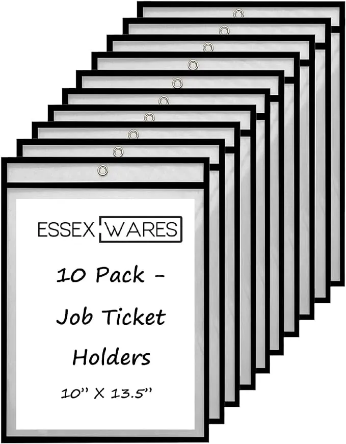 10 Pack Job Ticket Holder (Black) - by Essex Wares - Use in Your Business or in a Classroom. Easily fits Standard 8.5 X 11 Sheets of Paper. Hang on a Hook or can Write on and Wipe Away.