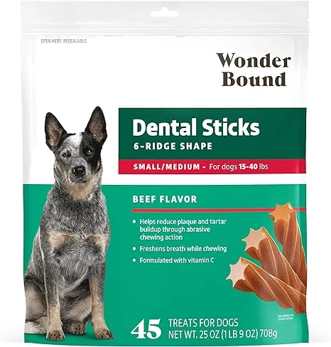 Amazon Brand - Wonder Bound Beef Flavor Dental Sticks for Small/Medium Dogs (15-40 lbs), 6-Ridge Shape for Plaque & Tartar Control, Freshens Breath, Formulated with Vitamin C, 45 Count