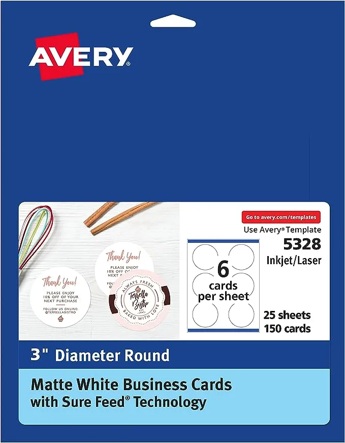 Avery Round Business Cards with Sure Feed Technology, 3" Diameter, Matte White, 150 Round Cards Total, Print-to-The-Edge, Laser/Inkjet Printable