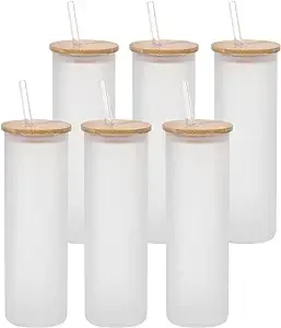 PYD Life Sublimation Glass Blanks Tumbler Skinny Straight Frosted 20 OZ with Bamboo Lid and Glass Straw Jar Tumbler Cups Mugs for Tumbler Heat Press 6 Pack