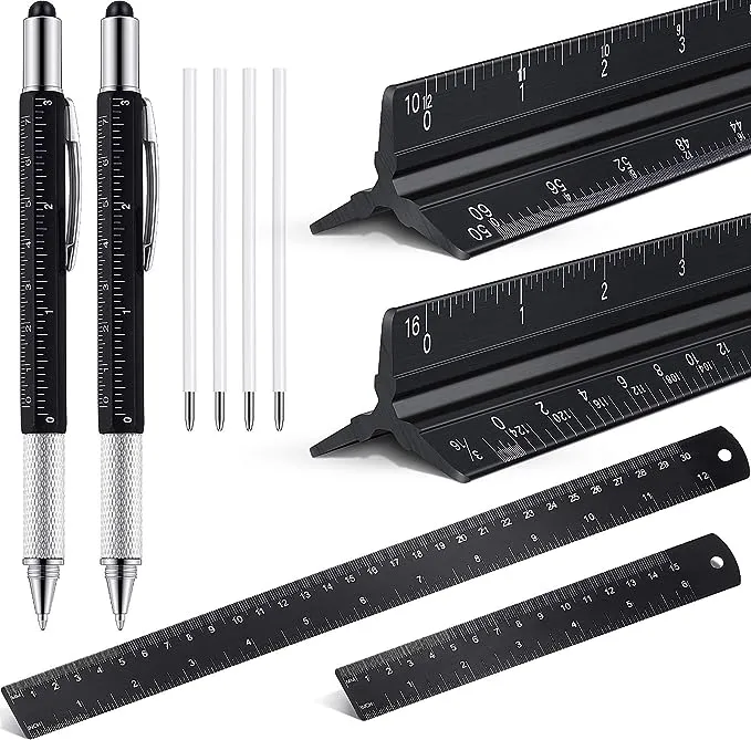 10 Pieces 12 Inch Architectural Scale Ruler Aluminum Architect Scale Triangular Engineering Ruler Scale with 6 in 1 Multitool Pen Ballpoint Pen for Architects, Draftsman, and Engineers