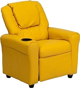 EMMA + OLIVER Yellow Vinyl Kids Recliner with Cup Holder and Headrest