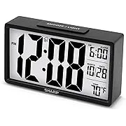 Sharp Alarm Clock with Easy to Read 2.8” Jumbo Screen with Indoor Temperature, Nightlight, Calendar, Battery Operated Digital Clock for Bedrooms or Travel, Black