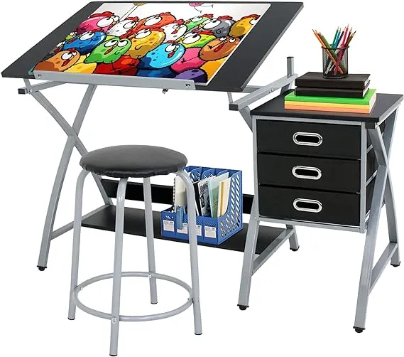 Zeny Drafting Table and Stool Set Tabletop Tilted Drawing Table Drafting Desk w/Drawers Artists Workstation, Art Craft Supplies