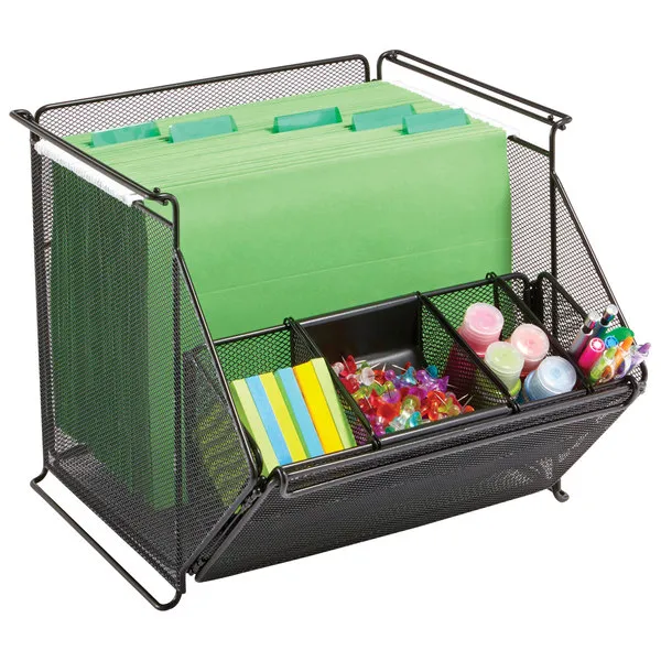 Onyx Stackable Mesh Storage Bin, 4 Compartments, Steel Mesh, 14 X 15.5 X 11.75, Black