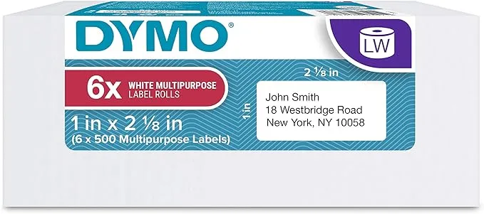 DYMO Authentic LW Multi-Purpose Labels for LabelWriter Label Printers, White, 1" x 2-1/8", 6 rolls of 500 (3000 Total)