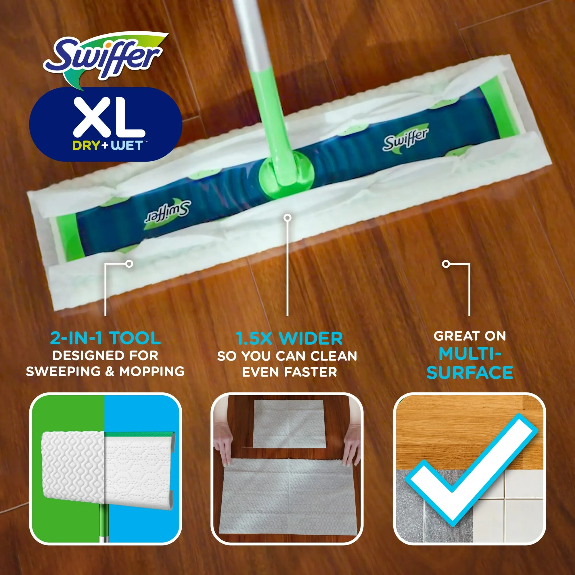 Swiffer Sweeper Dry + Wet XL Sweeping Kit, 1 Sweeper, 8 Dry Cloths, 2 Wet Cloths