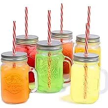 Home Basics Jar Mugs with Handle and Straws Old Fashioned Drinking Glass Set...