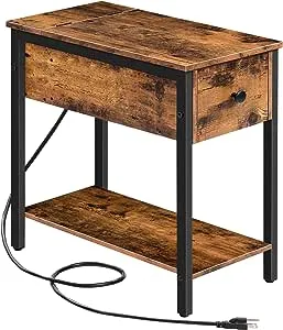 HOOBRO End Table with Charging Station, Narrow Side Table, Small Nightstand, Bedside Tables with Drawer and Storage Shelves, for Small Spaces, Living Room, Bedroom, Rustic Brown and Black BF041BZ01