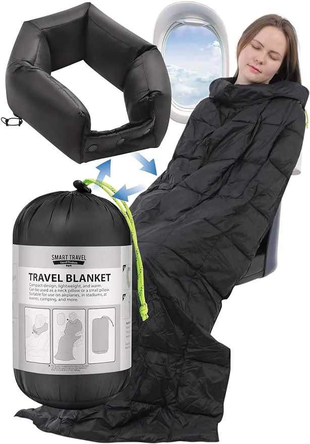 SmartTravel Compact Travel Blanket Travel Pillow and Lumbar Cushion 3-Ways Airplane Travel Essential for Women and Kids Lightweight Alternative Down