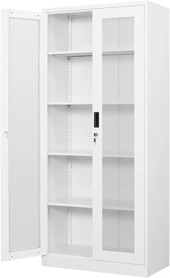 Metal Cabinet with Glass Door, Locking Tall Office Storage Cabinet, Metal Storage Cabinet with 4 Adjustable Shelves for Home, Office, Clinic, Pantry, Bathroom, (White, Assemble Required)Metal Cabinet with Glass Door, Locking Tall Office Storage…